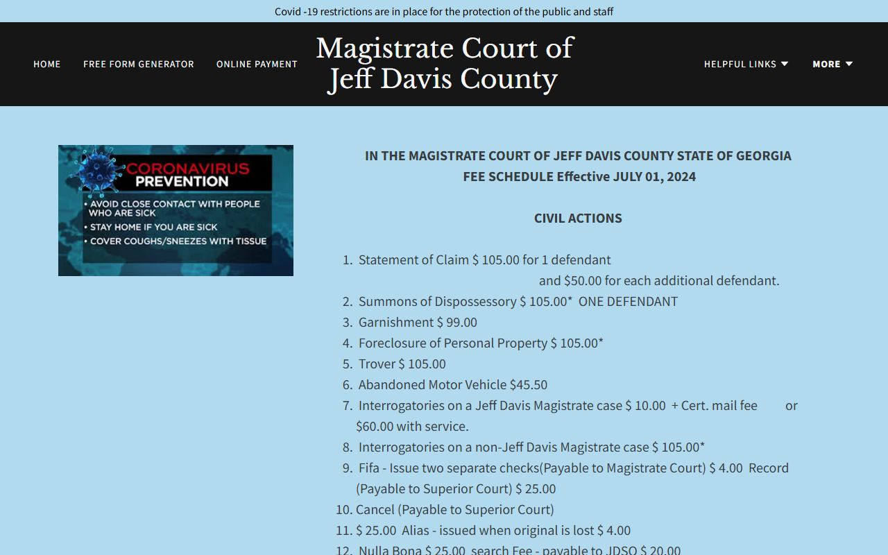 Jeff Davis County court dockets Magistrate Court fee schedule