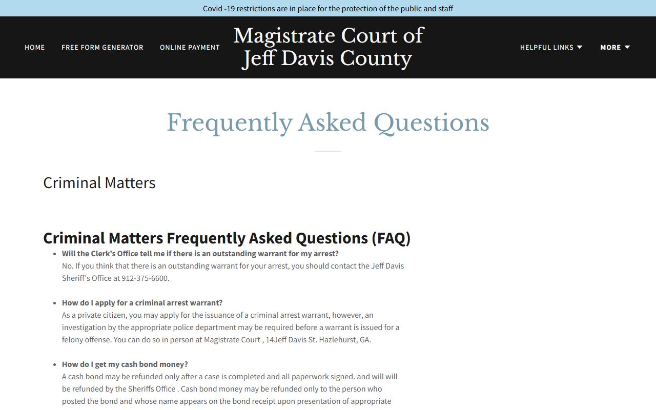 Jeff Davis County warrant search Magistrate Court criminal FAQ